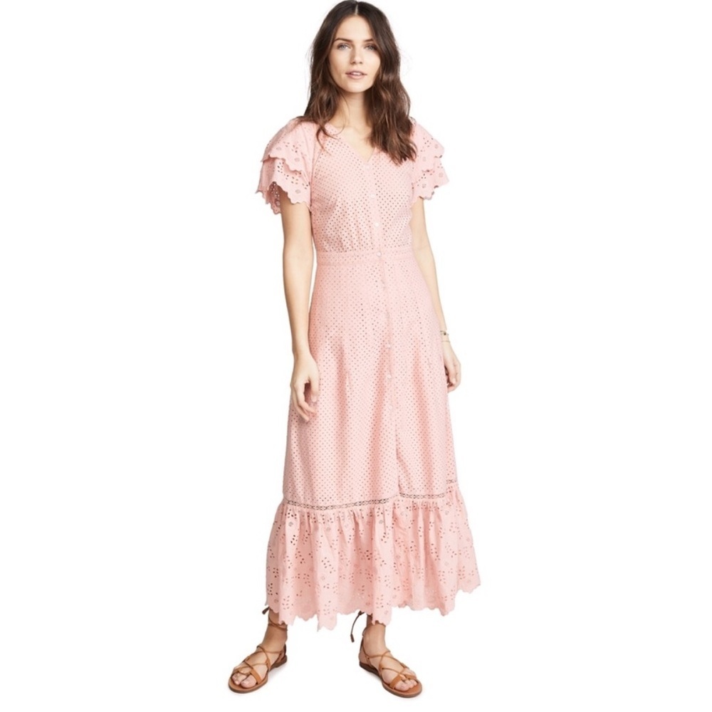 Love Shack Fancy Pink Jodie Eyelet Lace Maxi Dress with Flutter Sleeve US 4 $495